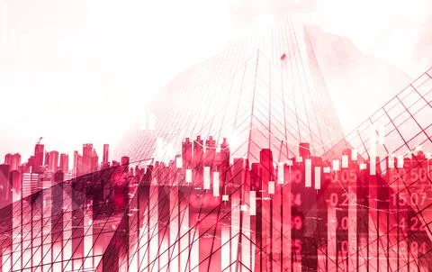 Declined economic, graph falling down overlaps modernistic city. Stock Photos