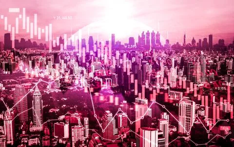 Declined economic, graph falling down overlaps modernistic city. Stock Photos