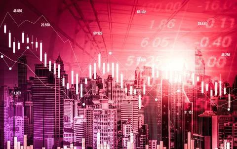 Declined economic, graph falling down overlaps modernistic city. Stock Photos