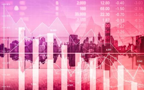 Declined economic, graph falling down overlaps modernistic city. Stock Photos