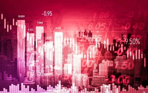 Declined economic, graph falling down overlaps modernistic city. Stock Photos