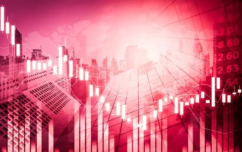 Declined economic, graph falling down overlaps modernistic city. 写真素材