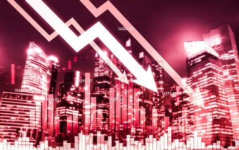 Declined economic, graph falling down overlaps modernistic city. 写真素材