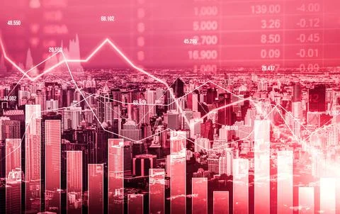 Declined economic, graph falling down overlaps modernistic city. Stock Photos