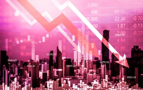 Declined economic, graph falling down overlaps modernistic city. Stock Photos