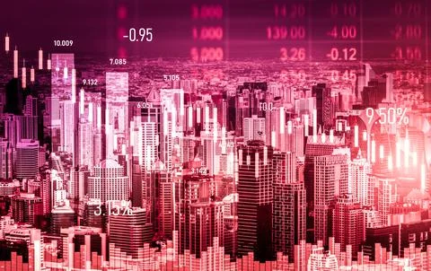 Declined economic, graph falling down overlaps modernistic city. Stock Photos