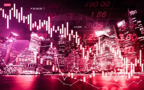 Declined economic, graph falling down overlaps modernistic city. Stock Photos