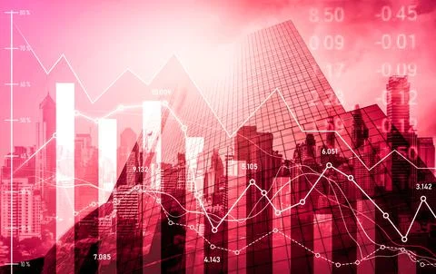 Declined economic, graph falling down overlaps modernistic city. Stock Photos