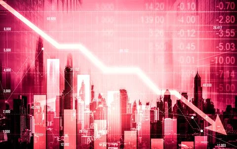 Declined economic, graph falling down overlaps modernistic city. Stock Photos