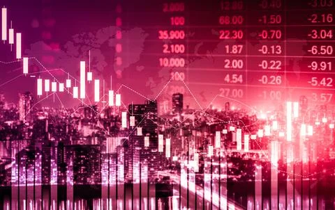 Declined economic, graph falling down overlaps modernistic city. Stock Photos