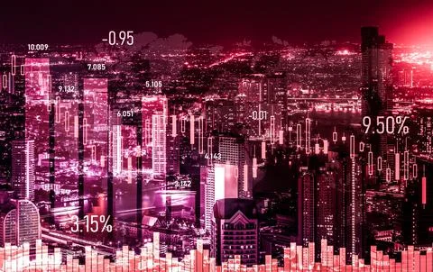 Declined economic, graph falling down overlaps modernistic city. 库存照片