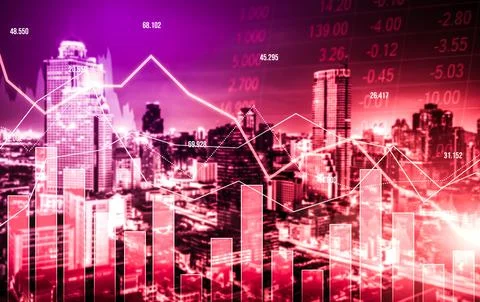 Declined economic, graph falling down overlaps modernistic city. Stock Photos