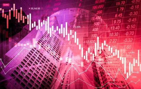 Declined economic, graph falling down overlaps modernistic city. Stock Photos