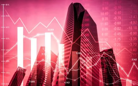 Declined economic, graph falling down overlaps modernistic city. Stock Photos