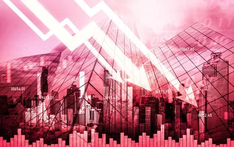 Declined economic, graph falling down overlaps modernistic city. 写真素材