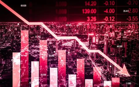 Declined economic, graph falling down overlaps modernistic city. Stock Photos