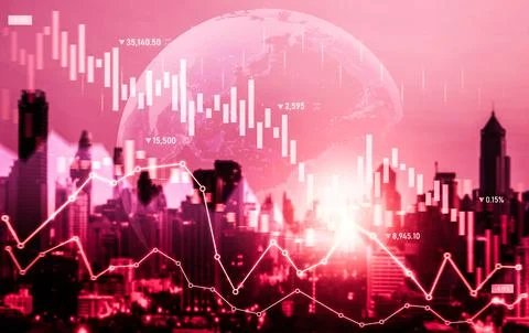 Declined economic, graph falling down overlaps modernistic city. 写真素材