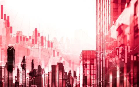 Declined economic, graph falling down overlaps modernistic city. Stock Photos