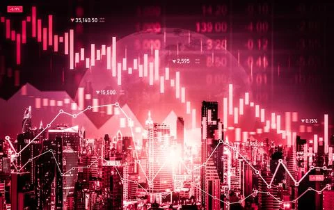 Declined economic, graph falling down overlaps modernistic city. Stock Photos