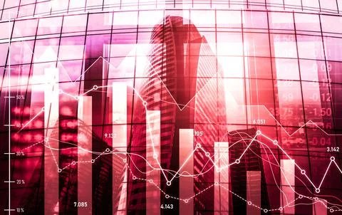 Declined economic, graph falling down overlaps modernistic city. Stock Photos