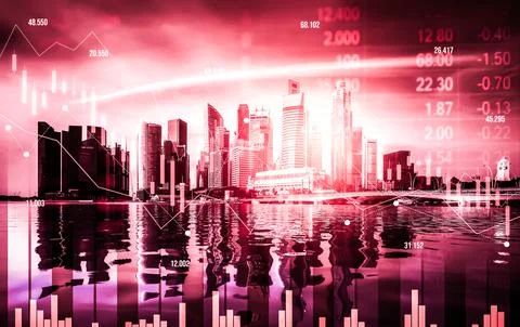 Declined economic, graph falling down overlaps modernistic city. Stock Photos