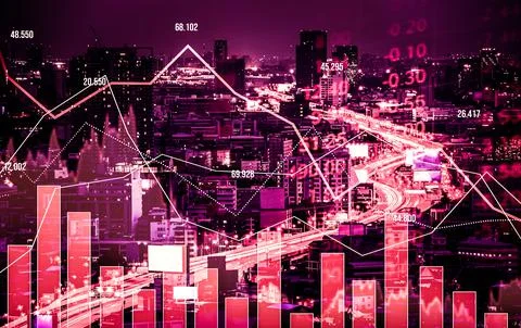 Declined economic, graph falling down overlaps modernistic city. Stock Photos