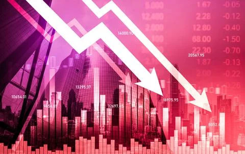 Declined economic, graph falling down overlaps modernistic city. Stock Photos