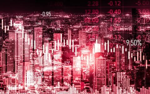 Declined economic, graph falling down overlaps modernistic city. 写真素材