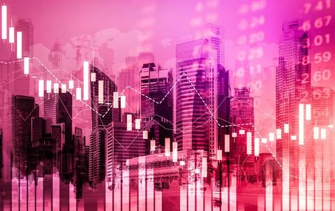 Declined economic, graph falling down overlaps modernistic city. 写真素材