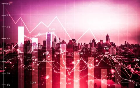 Declined economic, graph falling down overlaps modernistic city. Stock Photos