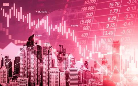 Declined economic, graph falling down overlaps modernistic city. 写真素材