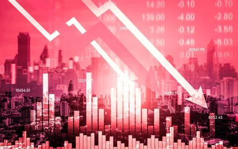 Declined economic, graph falling down overlaps modernistic city. Stock Photos