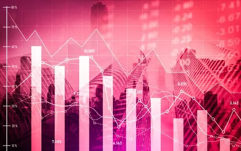 Declined economic, graph falling down overlaps modernistic city. 库存照片