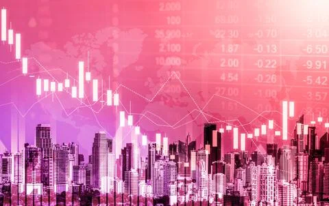 Declined economic, graph falling down overlaps modernistic city. Stock Photos