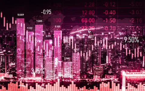 Declined economic, graph falling down overlaps modernistic city. 写真素材