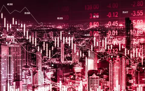 Declined economic, graph falling down overlaps modernistic city. Stock Photos