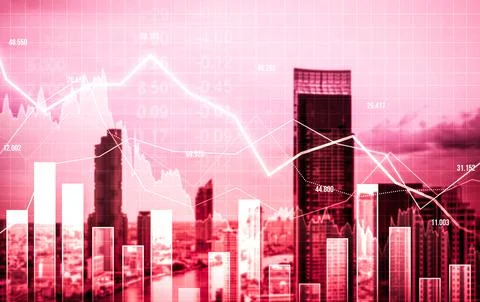 Declined economic, graph falling down overlaps modernistic city. Stock Photos