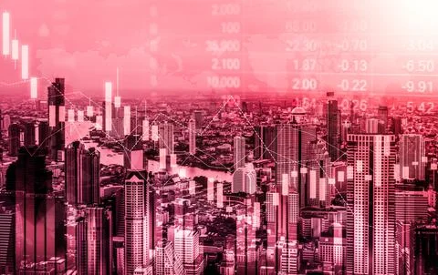 Declined economic, graph falling down overlaps modernistic city. Stock Photos