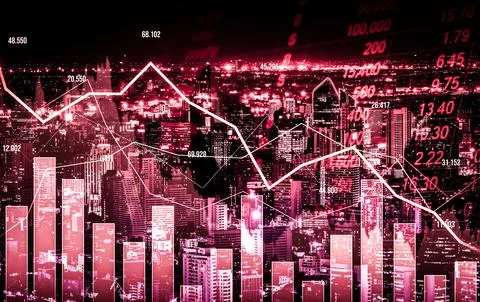 Declined economic, graph falling down overlaps modernistic city. 写真素材