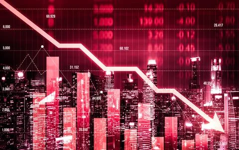 Declined economic, graph falling down overlaps modernistic city. 写真素材