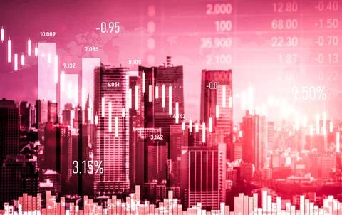 Declined economic, graph falling down overlaps modernistic city. 写真素材