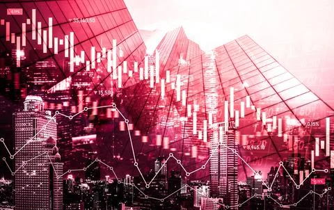 Declined economic, graph falling down overlaps modernistic city. Stock Photos