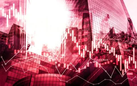 Declined economic, graph falling down overlaps modernistic city. 库存照片