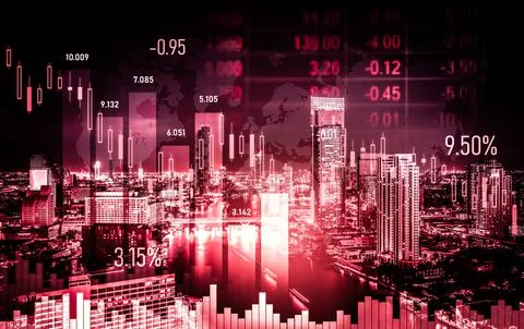 Declined economic, graph falling down overlaps modernistic city. 写真素材