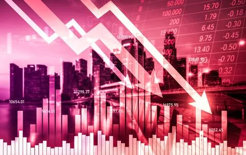 Declined economic, graph falling down overlaps modernistic city. 写真素材