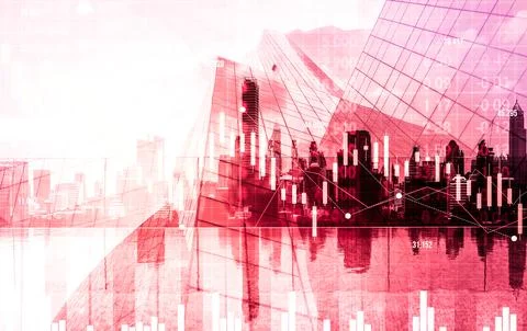 Declined economic, graph falling down overlaps modernistic city. Stock Photos