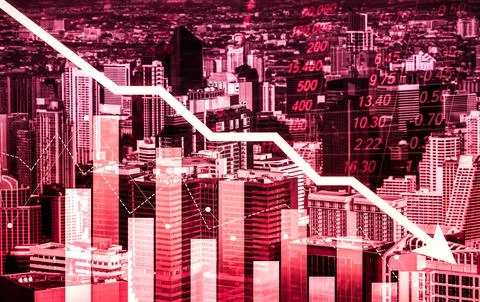 Declined economic, graph falling down overlaps modernistic city. 库存照片