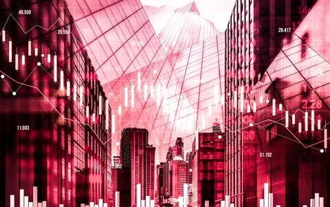 Declined economic, graph falling down overlaps modernistic city. Stock Photos