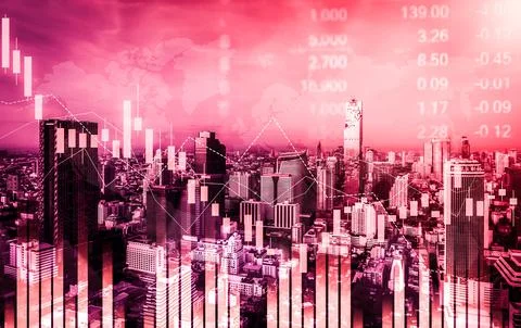 Declined economic, graph falling down overlaps modernistic city. 写真素材