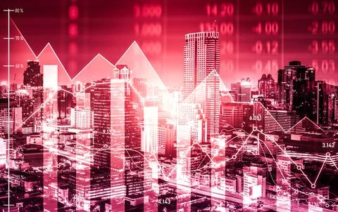 Declined economic, graph falling down overlaps modernistic city. Stock Photos